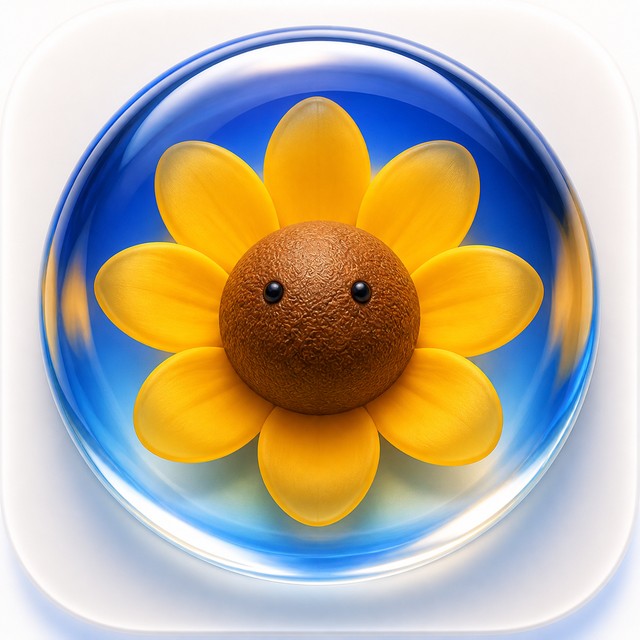 Bloom's app icon: a yellow sunflower with two small eyes, seen through a blue glass lens