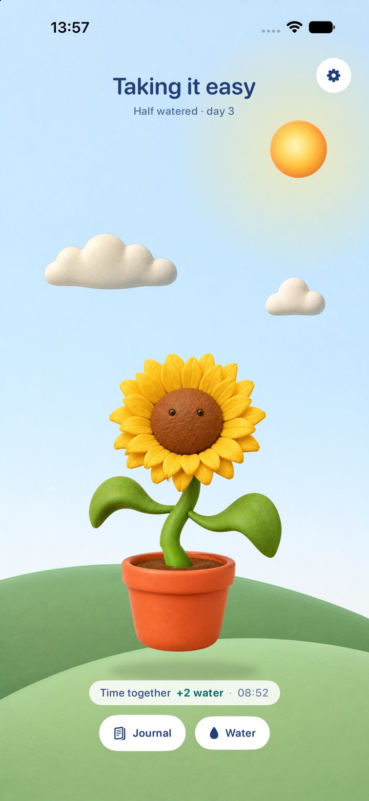 Bloom's home screen by day: the sunflower on a green hill under a blue sky, the caption reading Taking it easy, half watered, day 3