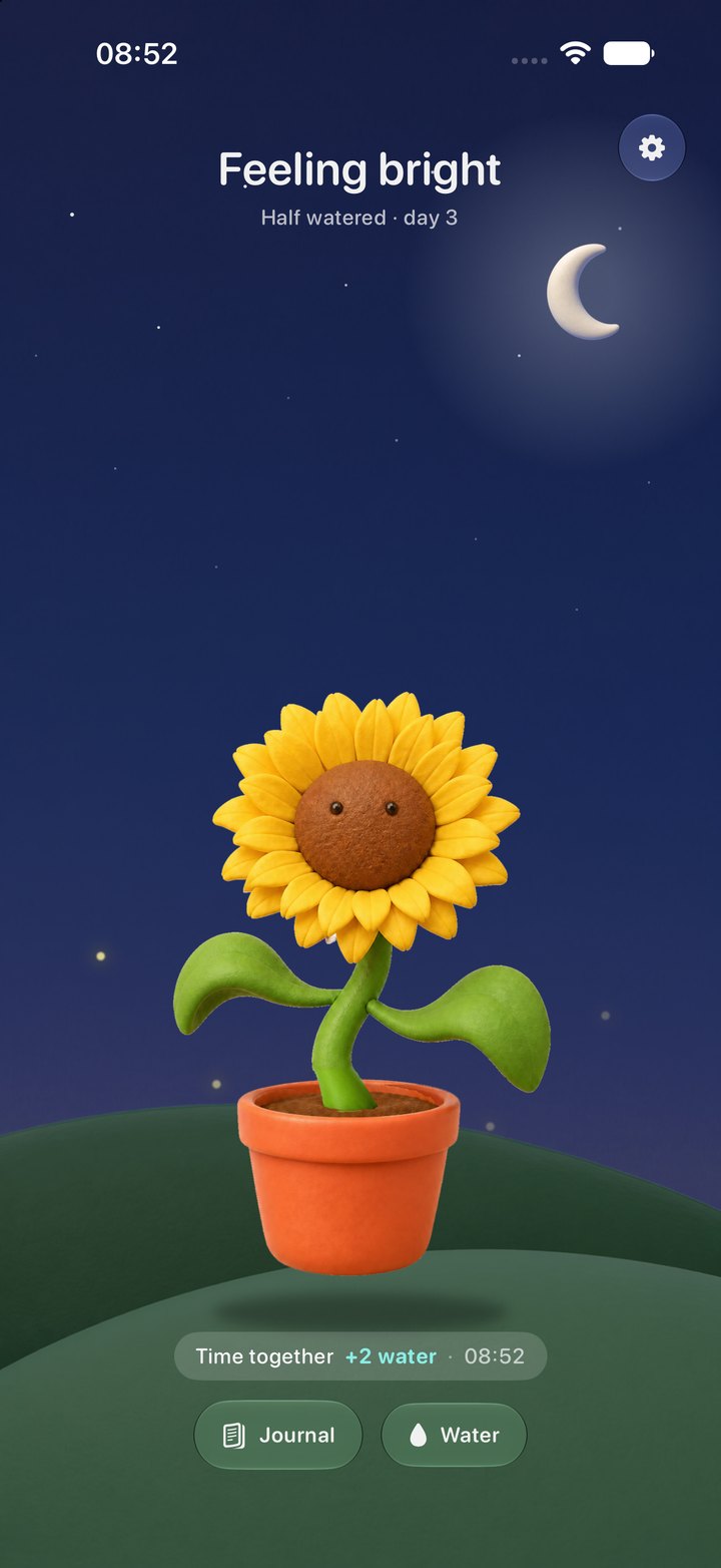 Bloom's home screen at night: the same sunflower under a crescent moon and stars